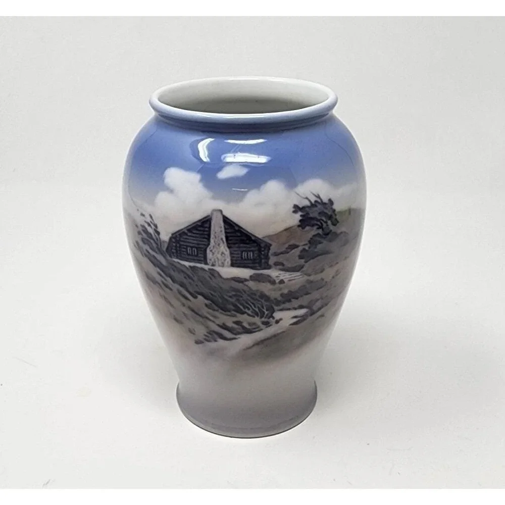Vintage Royal Copenhagen Vase Mountain Log Cabin Scene Denmark 6